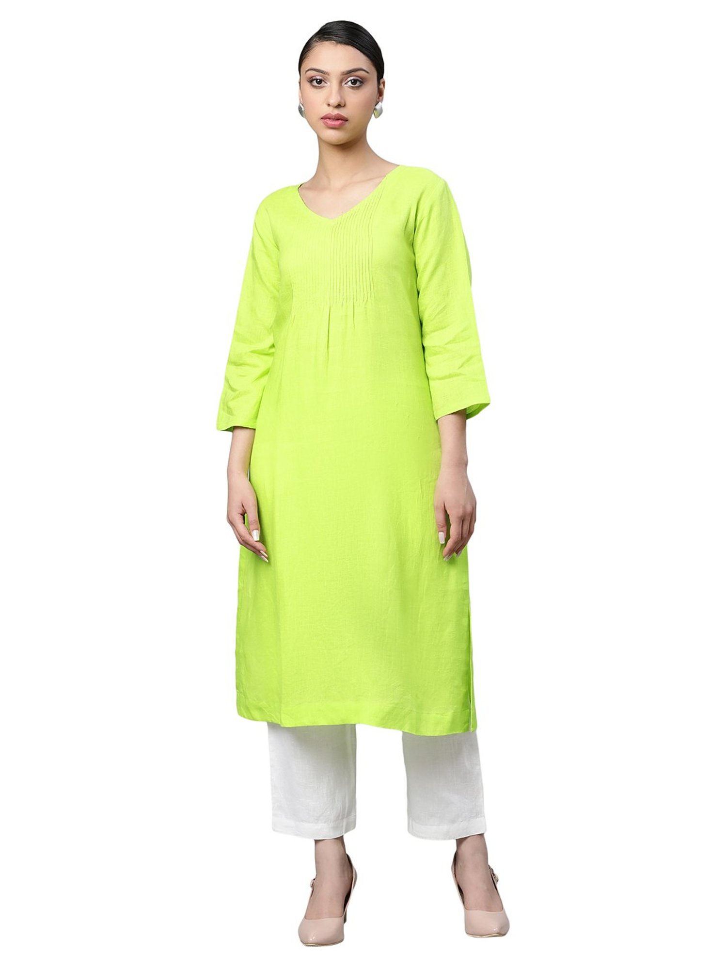 Linen Club Woman Lime Green A Line Kurta