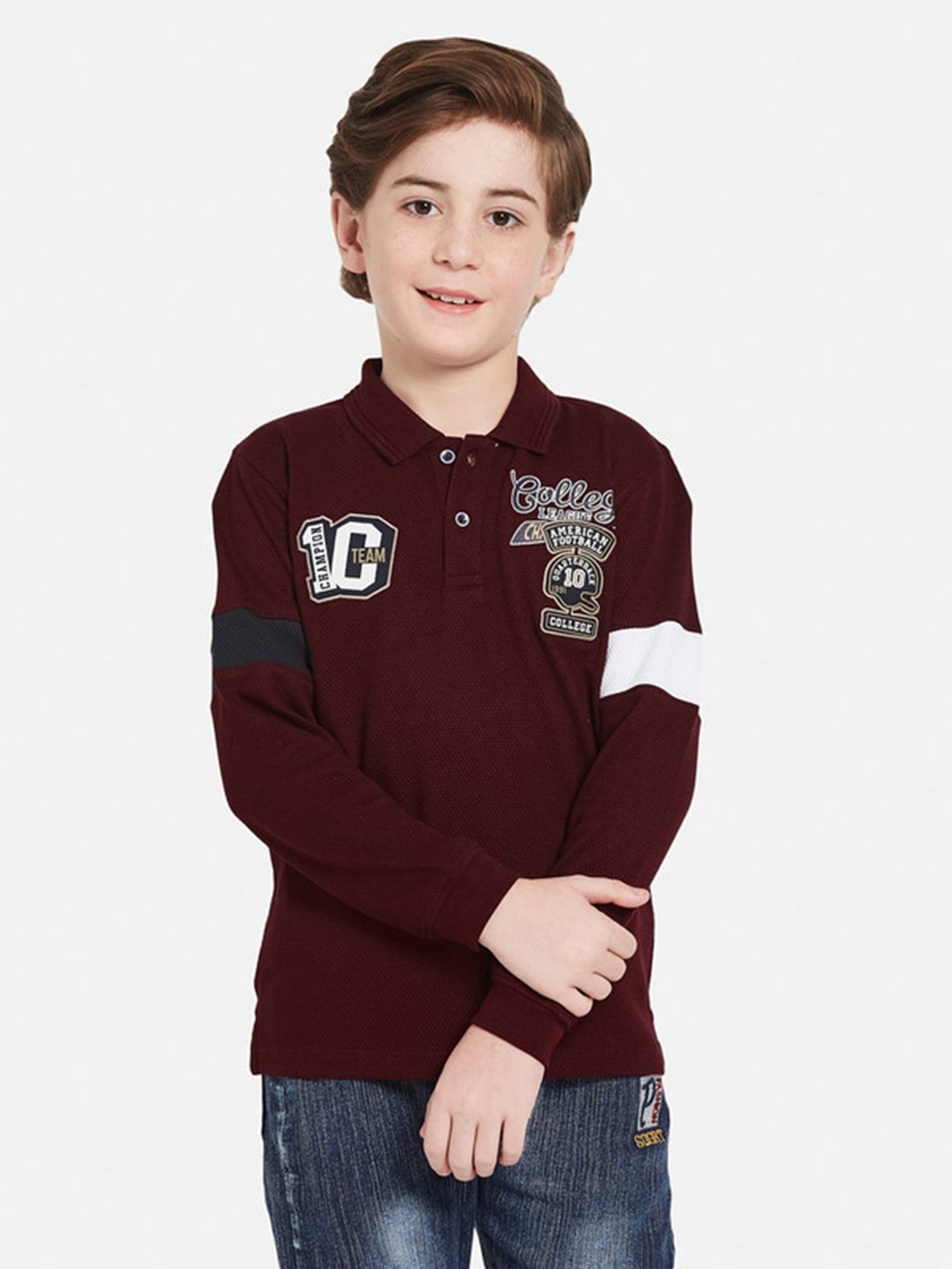 Octave Kids Maroon Graphic Print Full Sleeves Polo T-Shirt