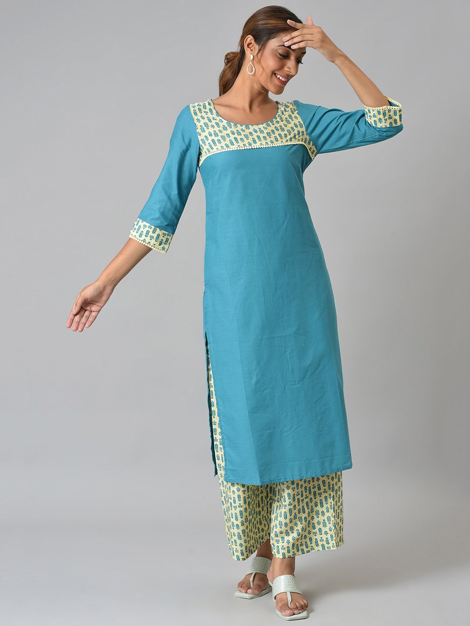 Aurelia Blue & Beige Cotton Floral Print Kurta Palazzo Set