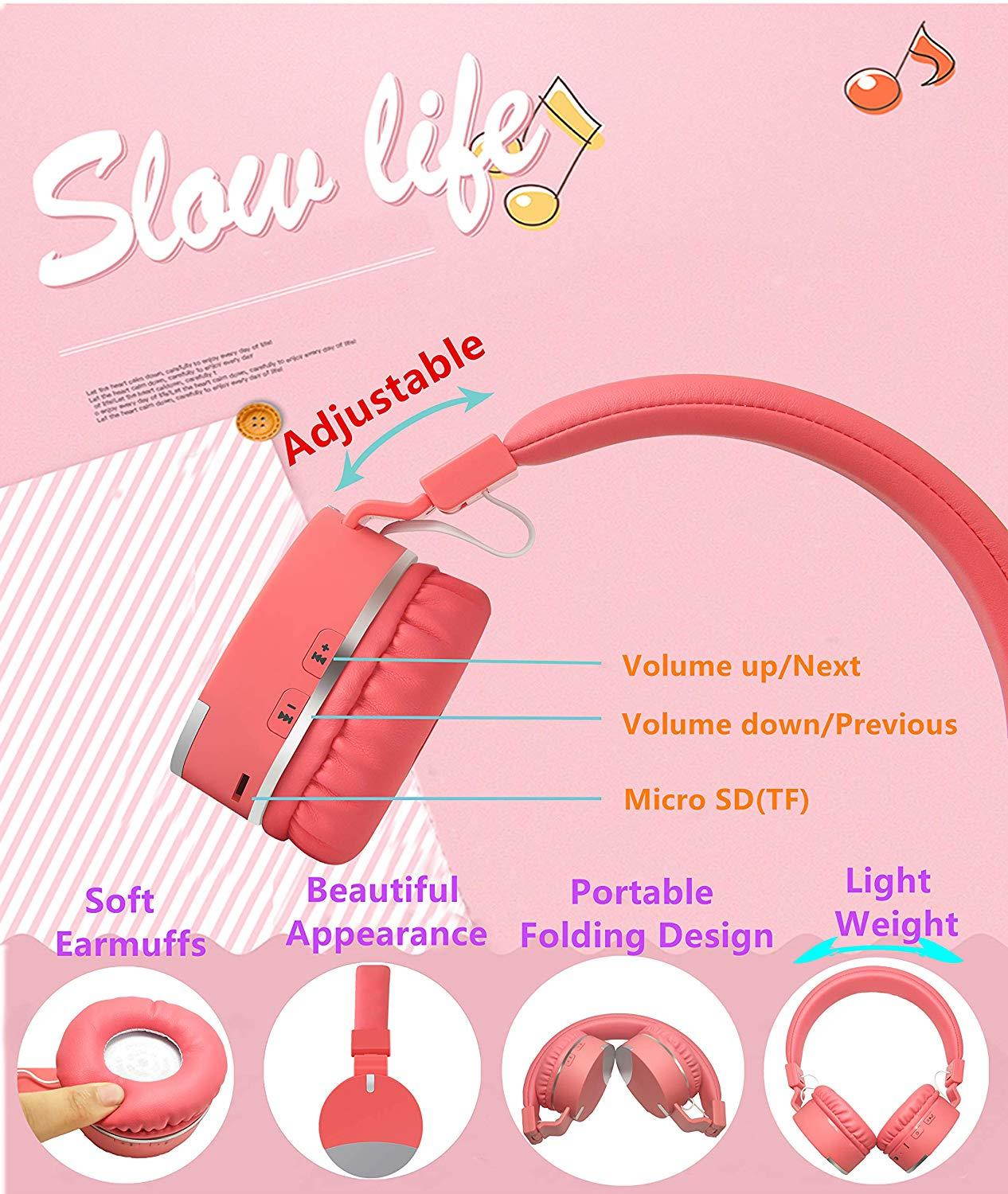 Kids Headphones,Gorsun Wireless Bluetooth Headphones for Kids with Microphone Over Ear Foldable Earphone Children Stereo Headset for Boys Girls Cellphone TV PC Tablets (Pink)