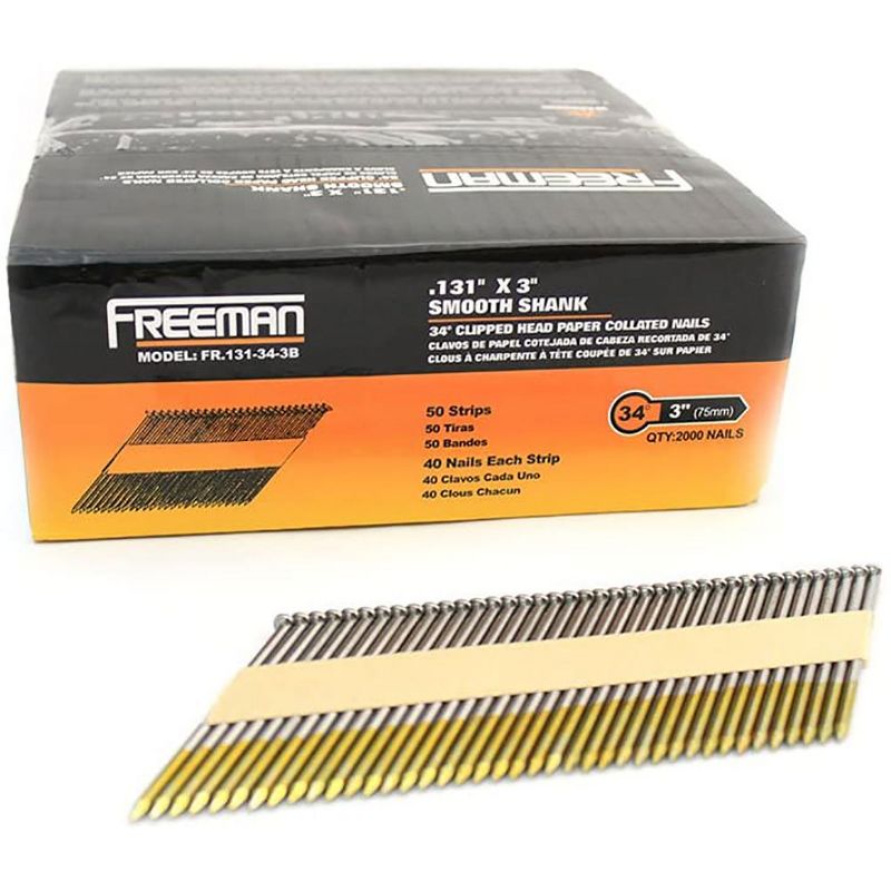Freeman FR.131-34-3B 34 Degree 0.131 x 3 Inch Paper Collated Solid Steel Smooth Shank Clipped Head Brite Framing Nails, 200 Nails in Box (2 Pack)