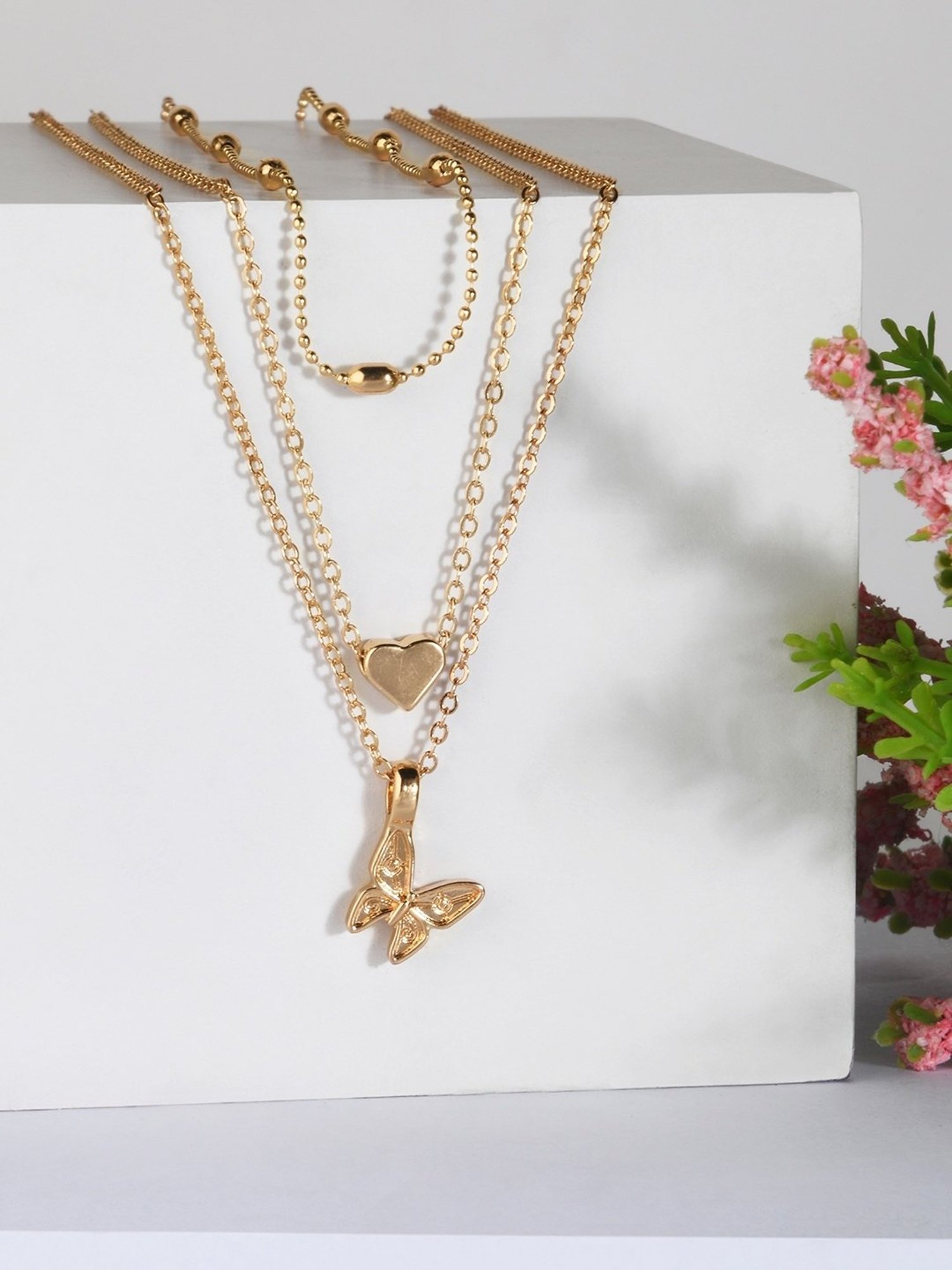 ToniQ Gold-Plated Butterfly & Heart Charm Layered Necklace for Women
