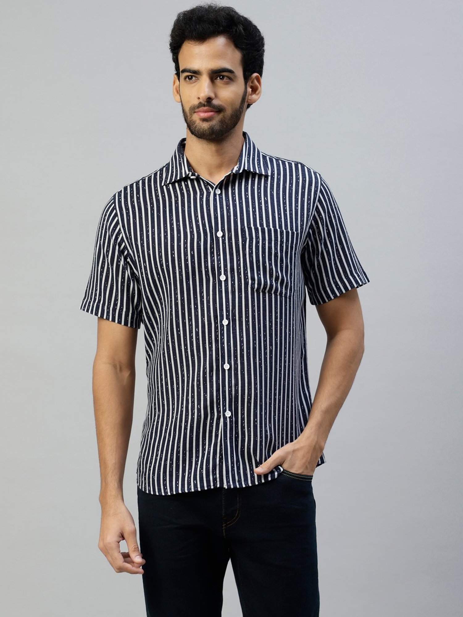 Don Vino Blue & White Regular Fit Striped Cotton Shirt