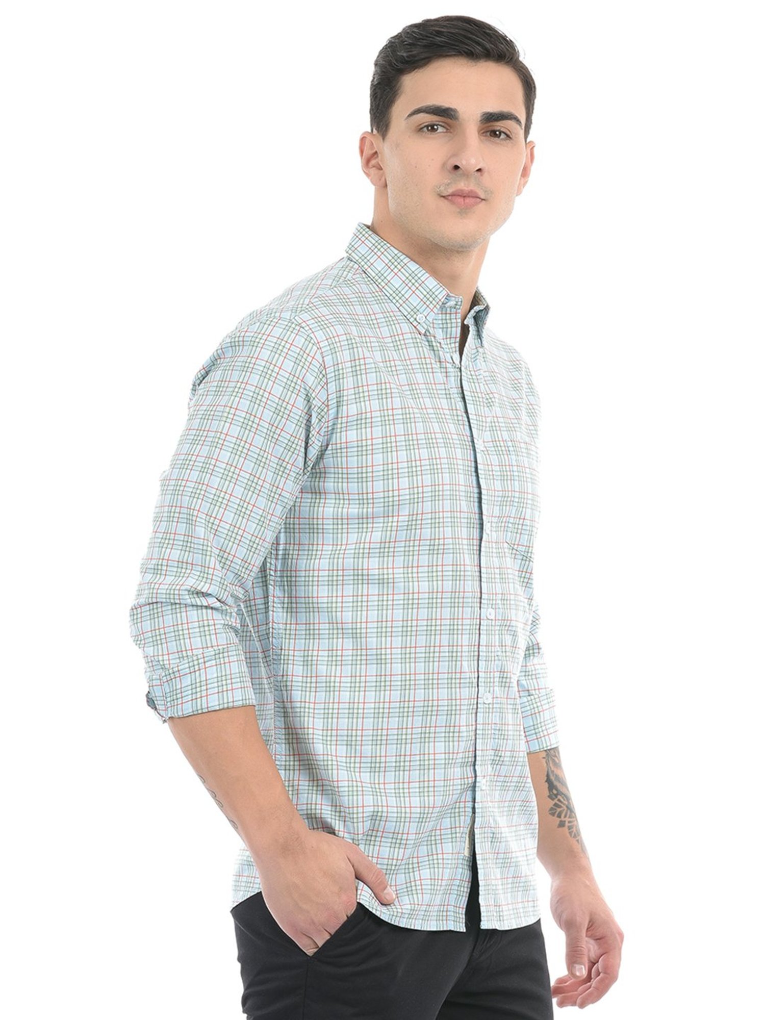 London Fog Light Blue Regular Fit Check Cotton Shirt