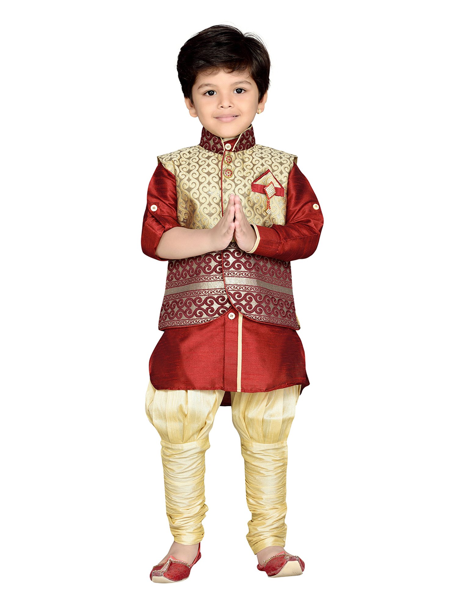 AJ Dezines Kids Maroon & Gold Self Design Full Sleeves Kurta, Pyjamas with Waistcoat