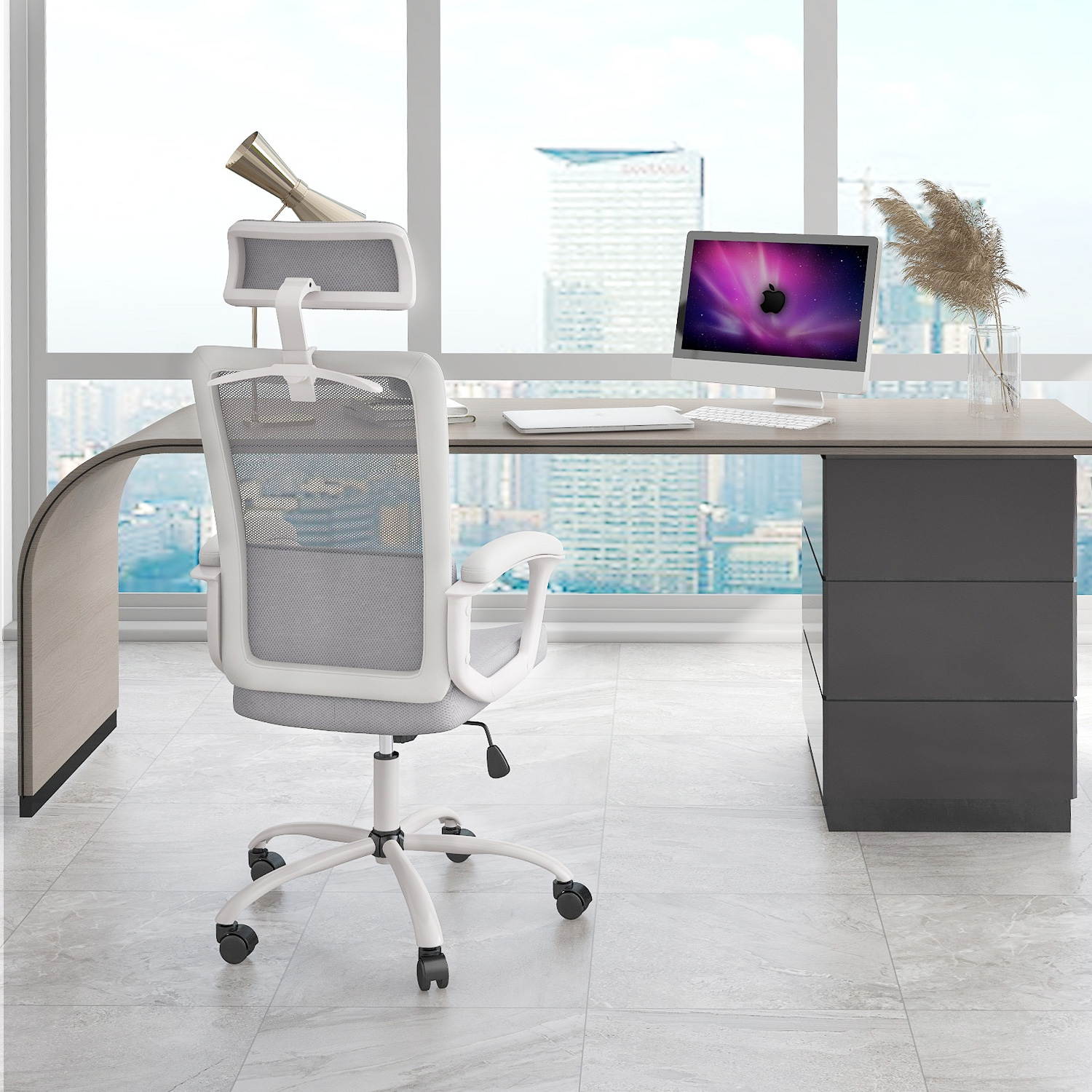 Milemont Office Chair, High Back Ergonomic Mesh Desk Office Chair with Padding Armrest and Adjustable Headrest -Gray