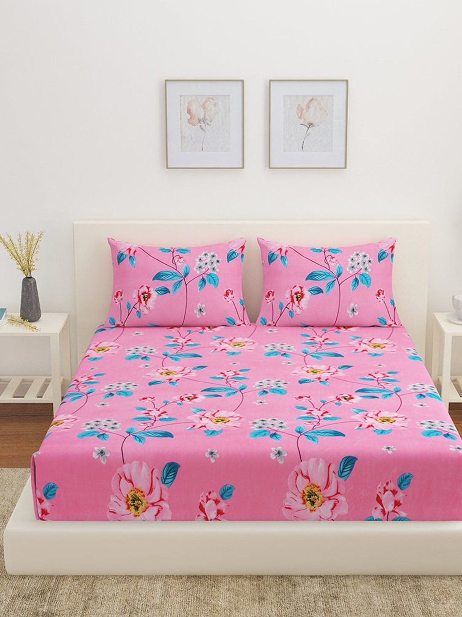 @home Utopia Bloom Floral Pink 110 GSM Cotton Blend Double Bed Sheet with 2 Pillow Covers
