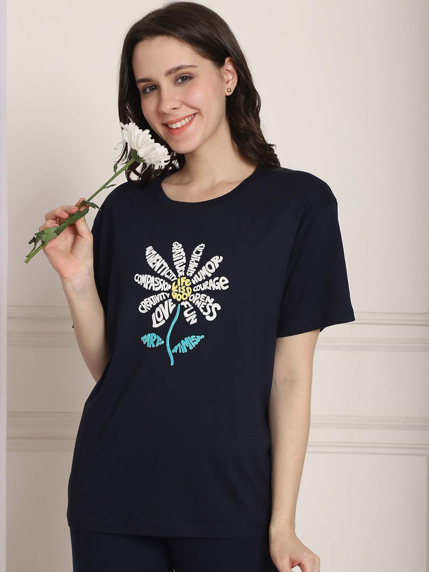 Kanvin Navy Cotton Printed Top Pyjamas Set