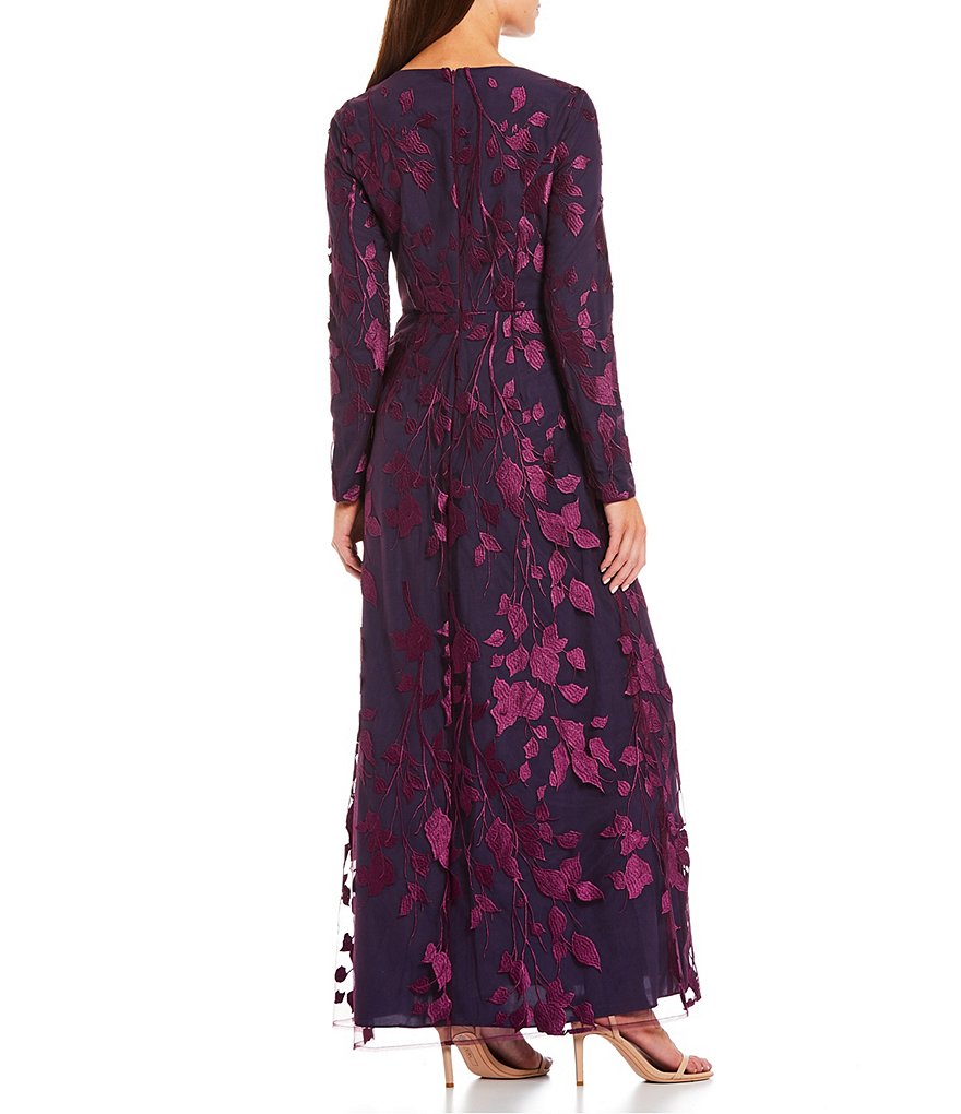 JS Collections Tersea V-Neck Floral Long Sleeve Embroidered A-Line Mesh Gown