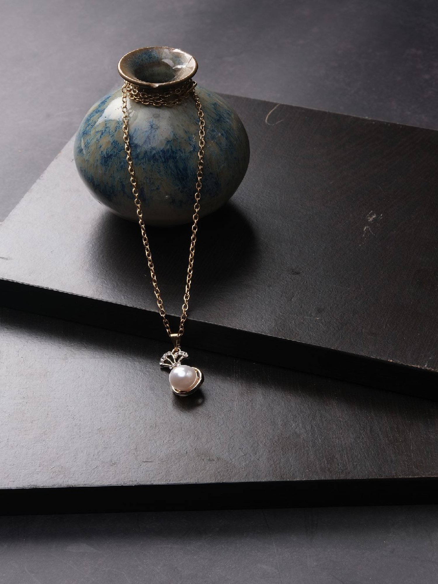 Jewelz Trendsetting Gold Western Necklace With Delicate white Pearl Charm for Women