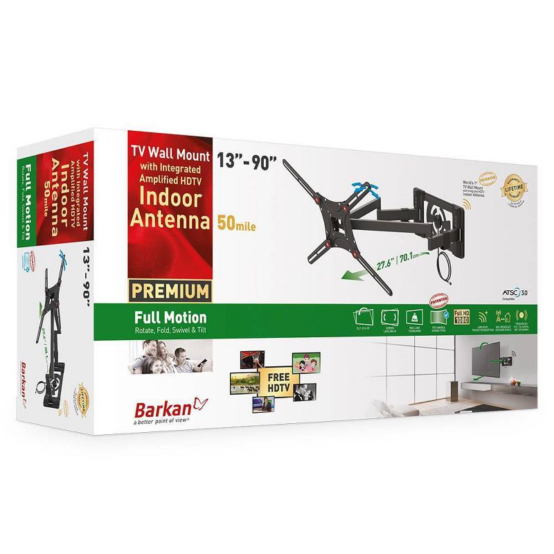 Barkan 13 – 90" Full Motion - 4 Movement TV Wall Mount with Integrated Amplified HDTV Indoor Antenna