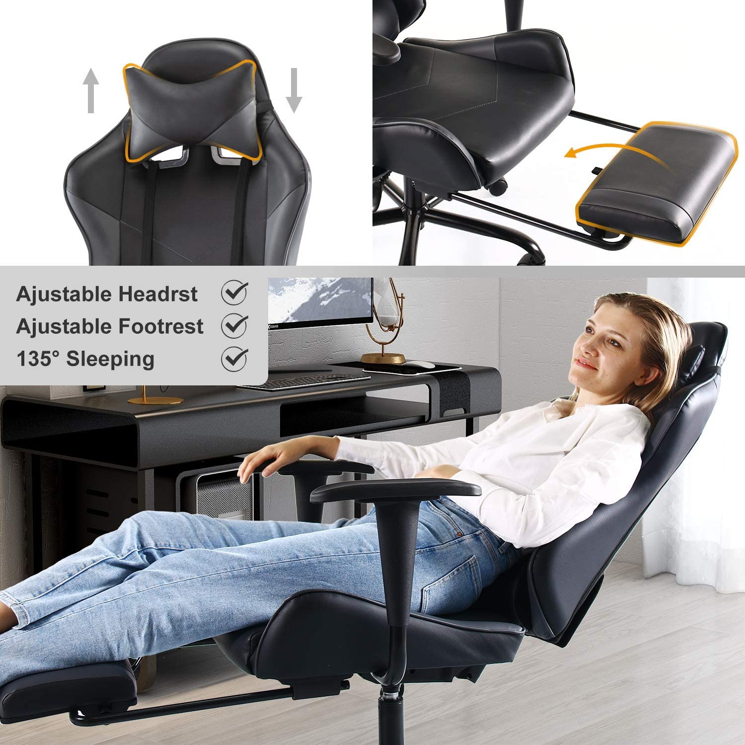 SMUGDESK Gaming Chair with Footrest Racing Style Recliner with Lumbar Support, Ergonomic Office Armchair for Computer PU Leather High Back Desk Chair Headrest Swivel Rocking Desk Chair, Blue