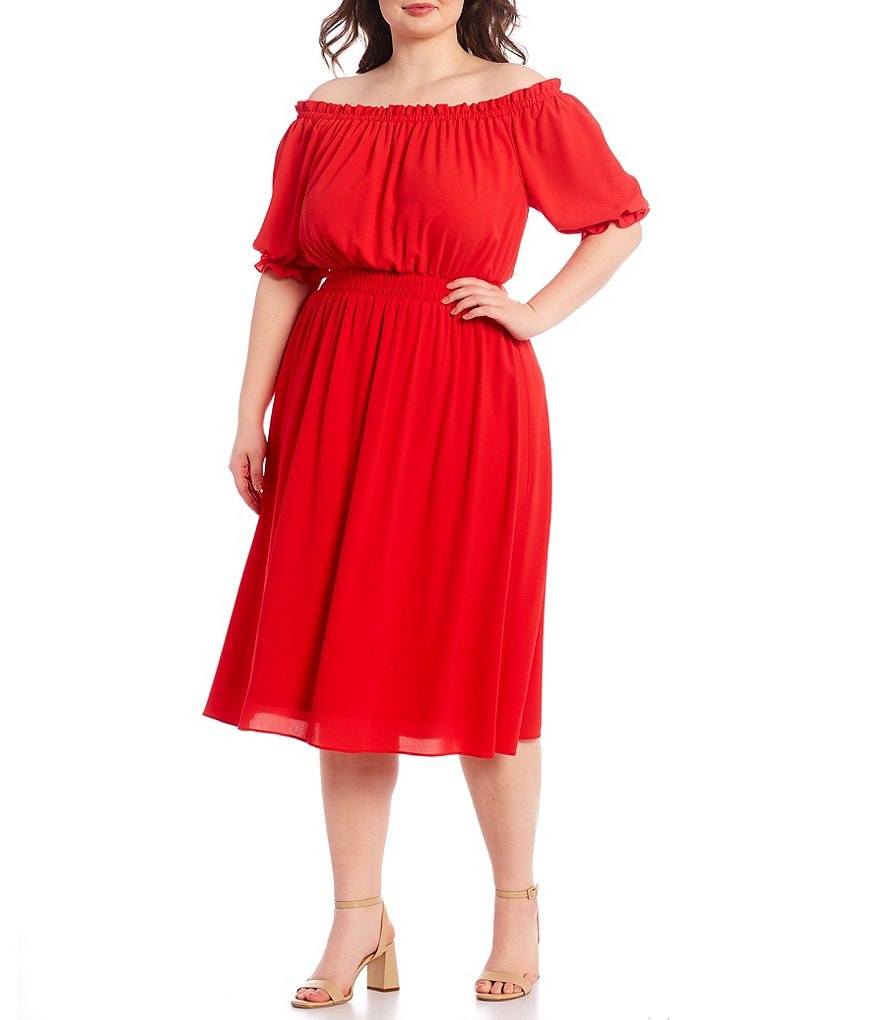 London Times Plus Size Off-the-Shoulder Short Puff Sleeve Crepe Midi Dress