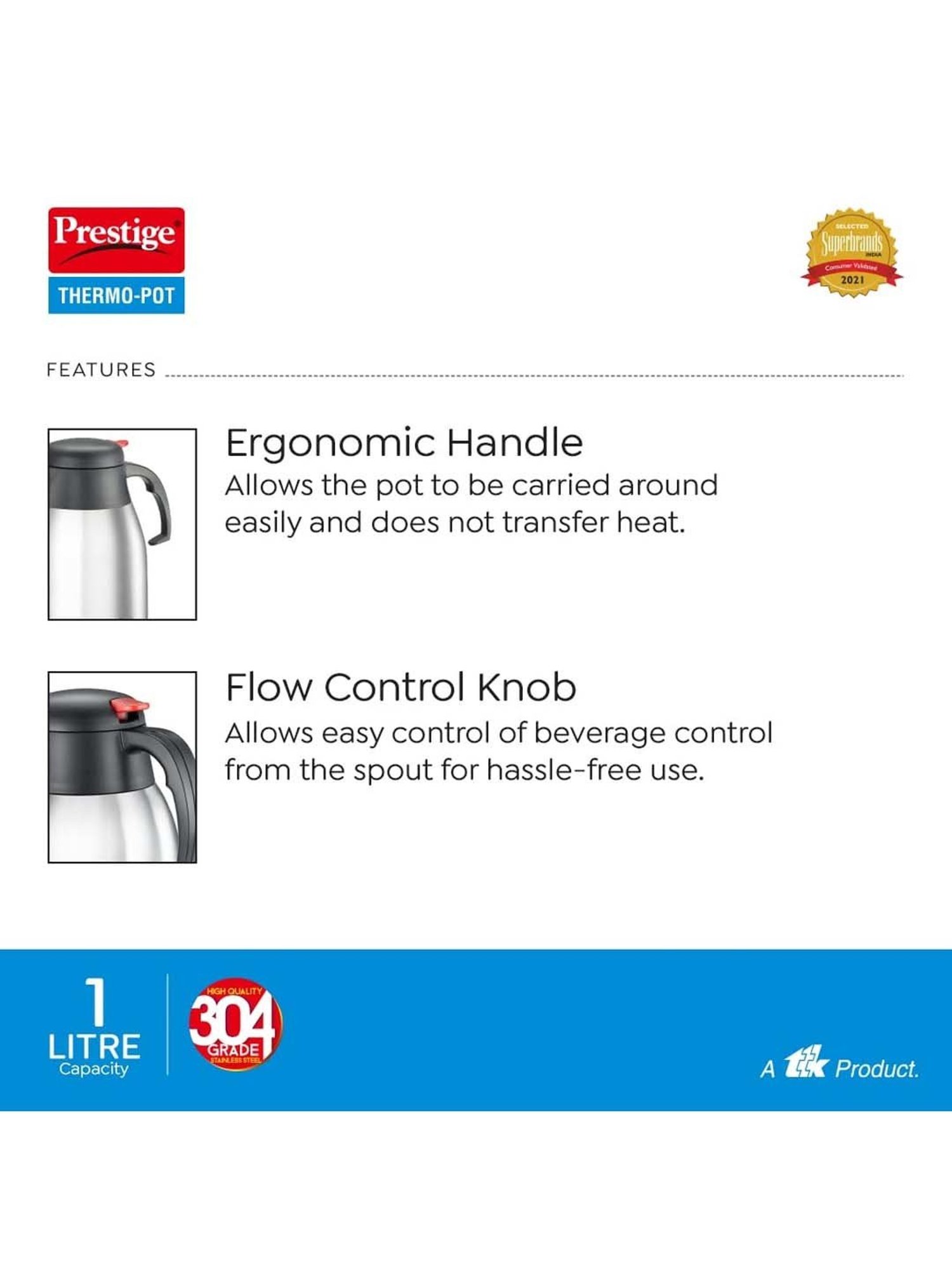 Prestige Silver & Black Stainless Steel Double Insulated Vacuum Flask (1 L) - Set of 1