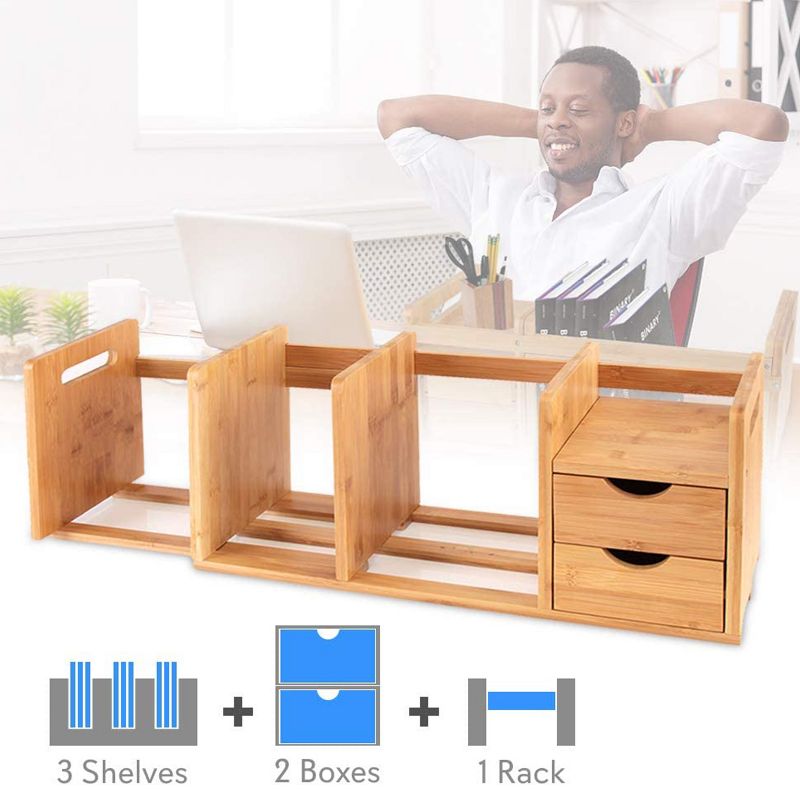 SereneLife Natural Bamboo Shelf Adjustable Bookshelf Desktop Organizer Unit with Storage Drawers for Books and Office Supplies