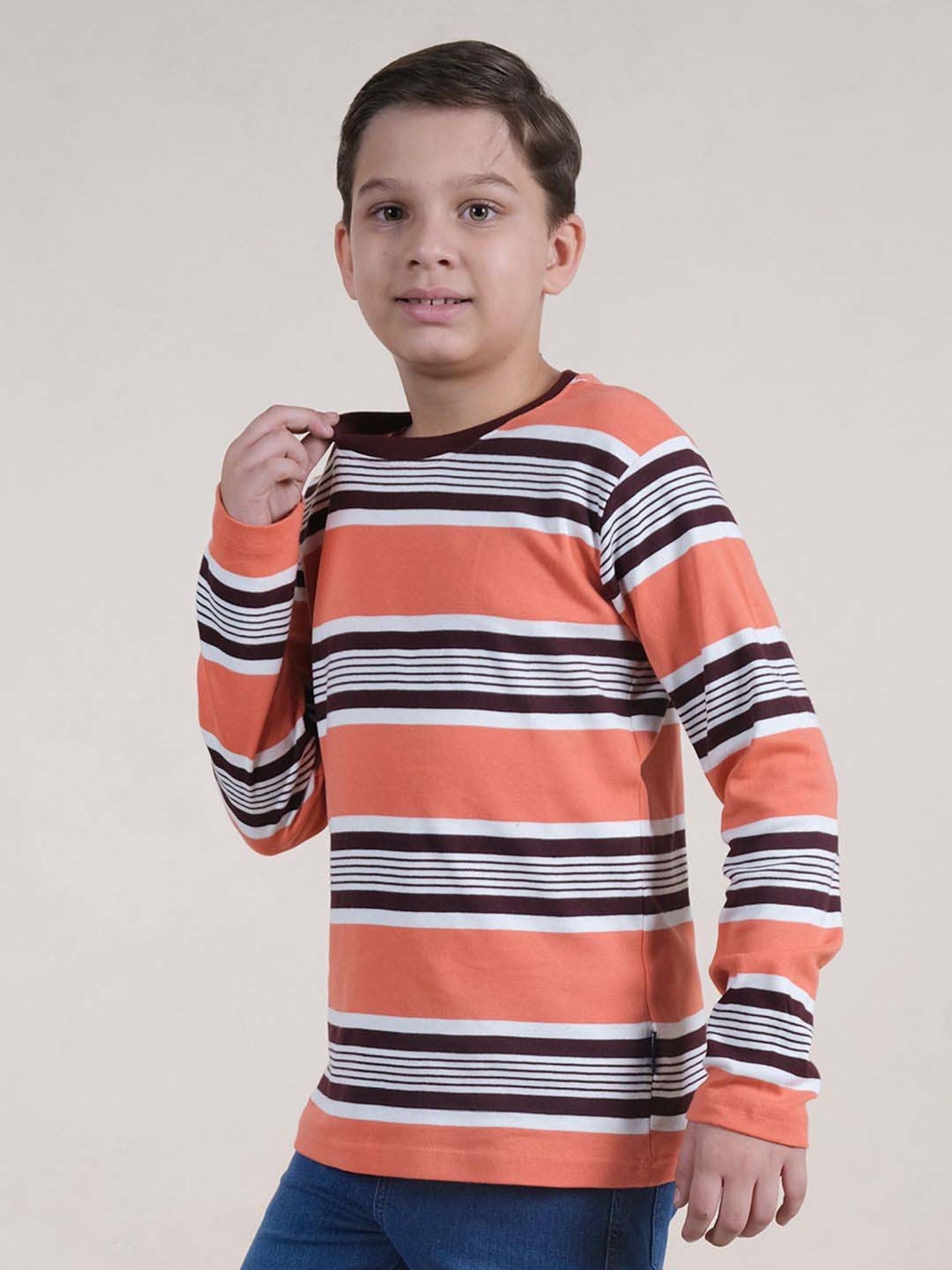Kiddopanti Boys Orange & Black Cotton Striped Full Sleeves T-Shirts