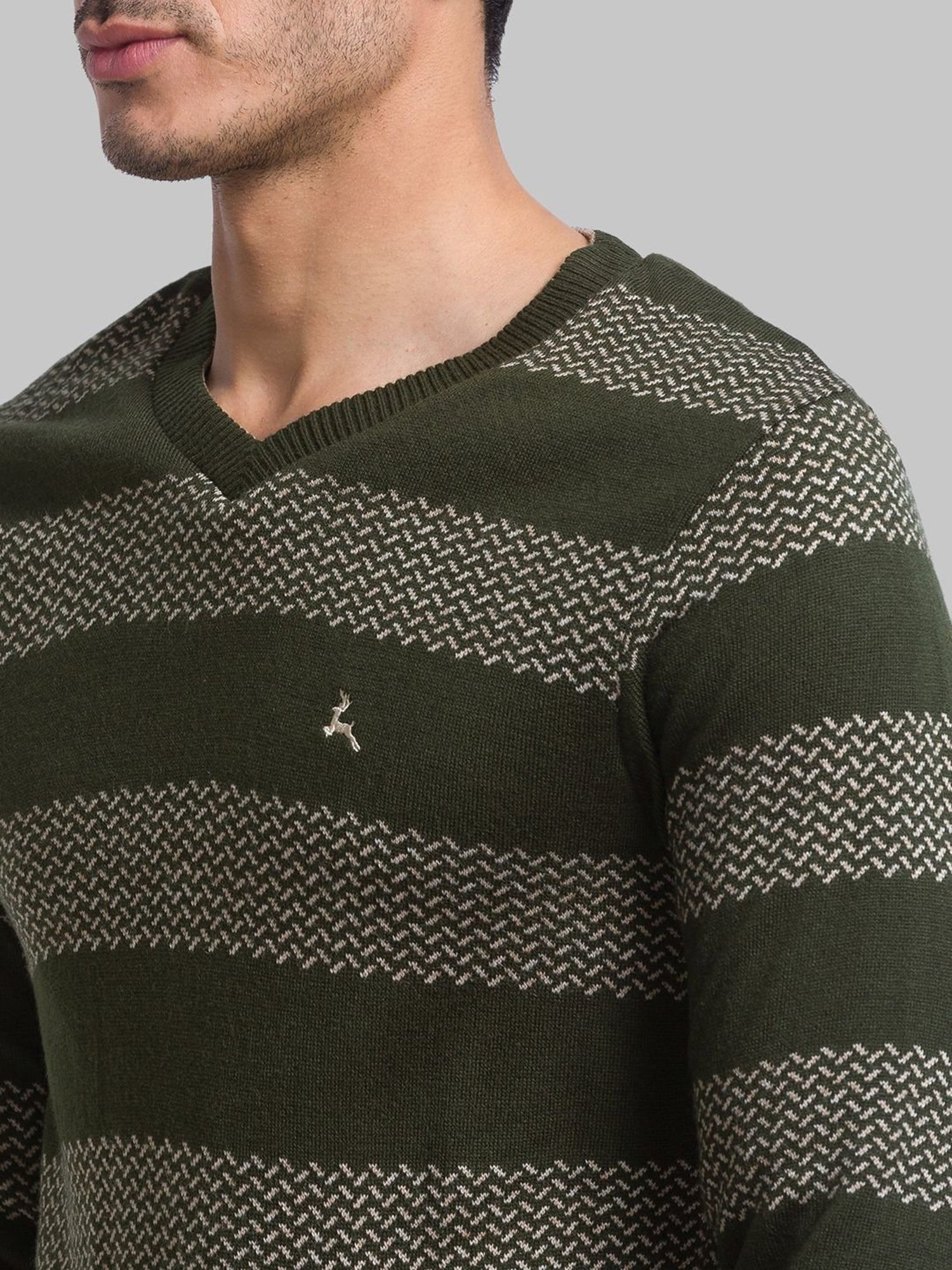 Parx Green Regular Fit Striped Sweater