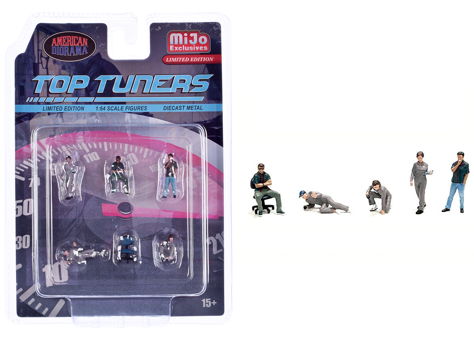 "Top Tuners" 6 piece Diecast Figure Set (5 Figures 1 Chair) Limited Edition for 1/64 Scale Models by American Diorama