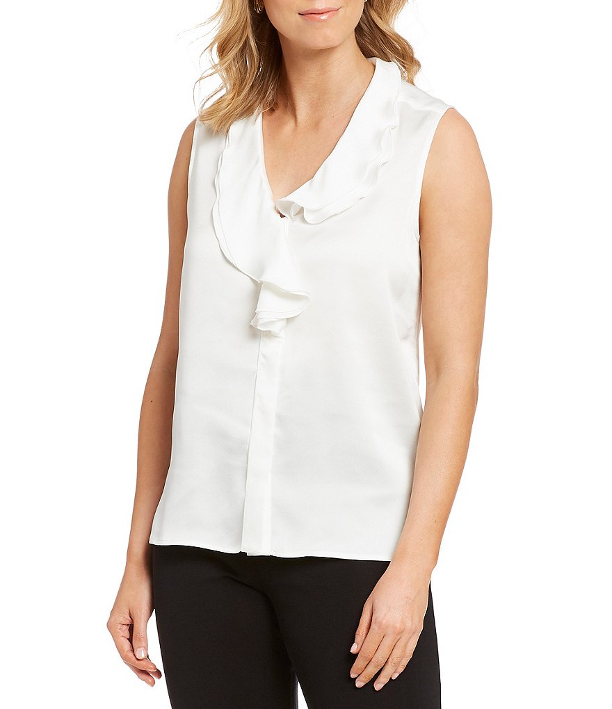 Misook Ruffle Trim V-Neck Washable Sleeveless Blouse
