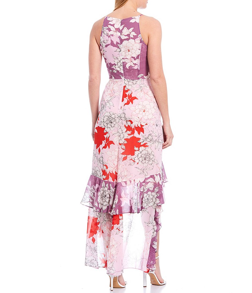 Belle Badgley Mischka Raini Georgette Floral Printed Sleeveless V-Neck Hi-Low Ruffle Dress