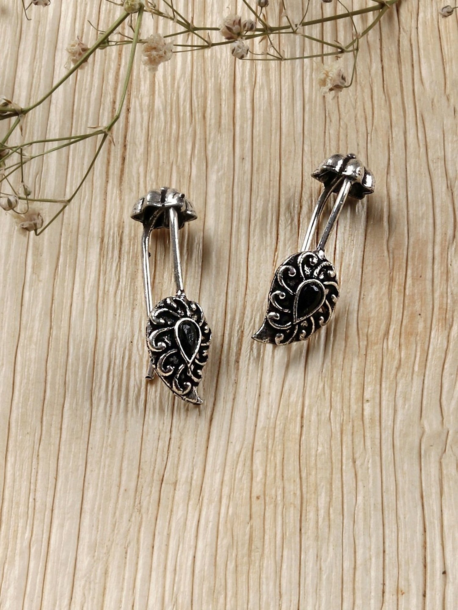 Teejh Ethnic Mitali Black Stone Silver Oxidsed Ear Cuff Earrings