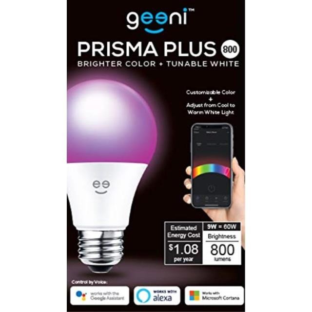 Geeni PRISMA PLUS 800 Wi-Fi LED Smart Light Bulb, Brighter Color & Tunable White (2700-6500K), 1-Pack, A19 60W, No Hub Required, Light Bulb Works with Amazon Alexa, Google Assistant, Microsoft Cortana