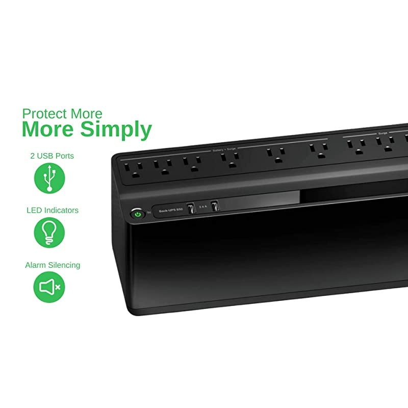 UPS, 850VA UPS Battery Backup & Surge Protector, BE850G2 Backup Battery, 2 USB Charger Ports, Back-UPS Series Uninterruptible Power Supply Black