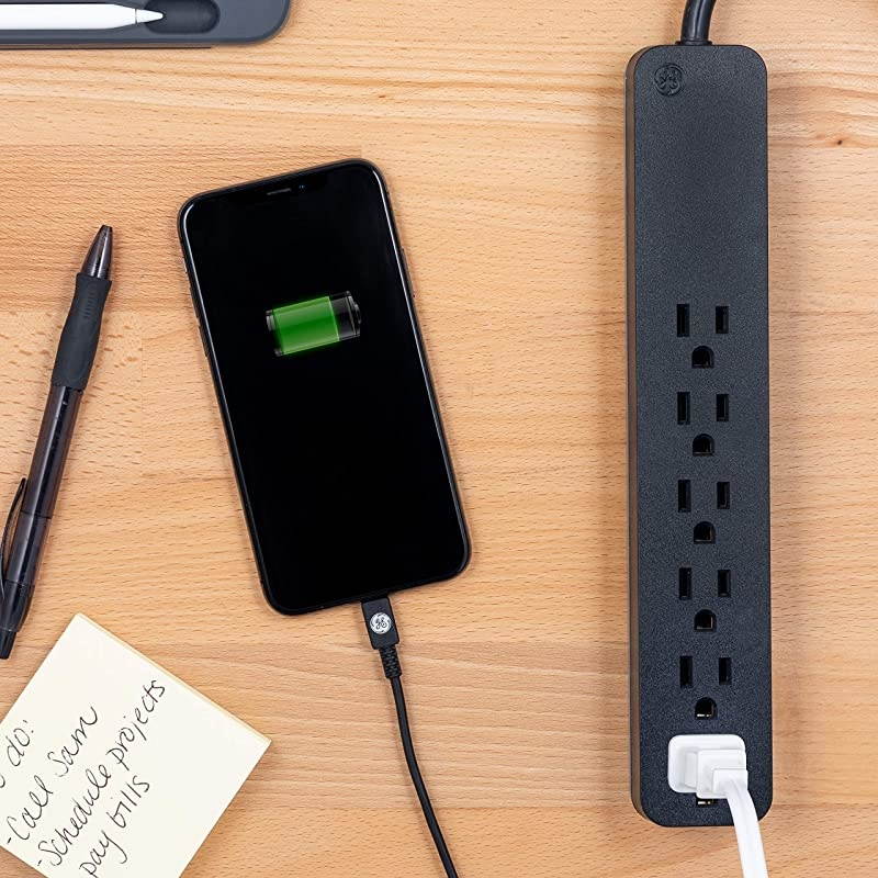 Pro 6 Outlet Sur Protector 2 ft Extension Cord Power Strip Flat Plug Wall Mount Black 45170