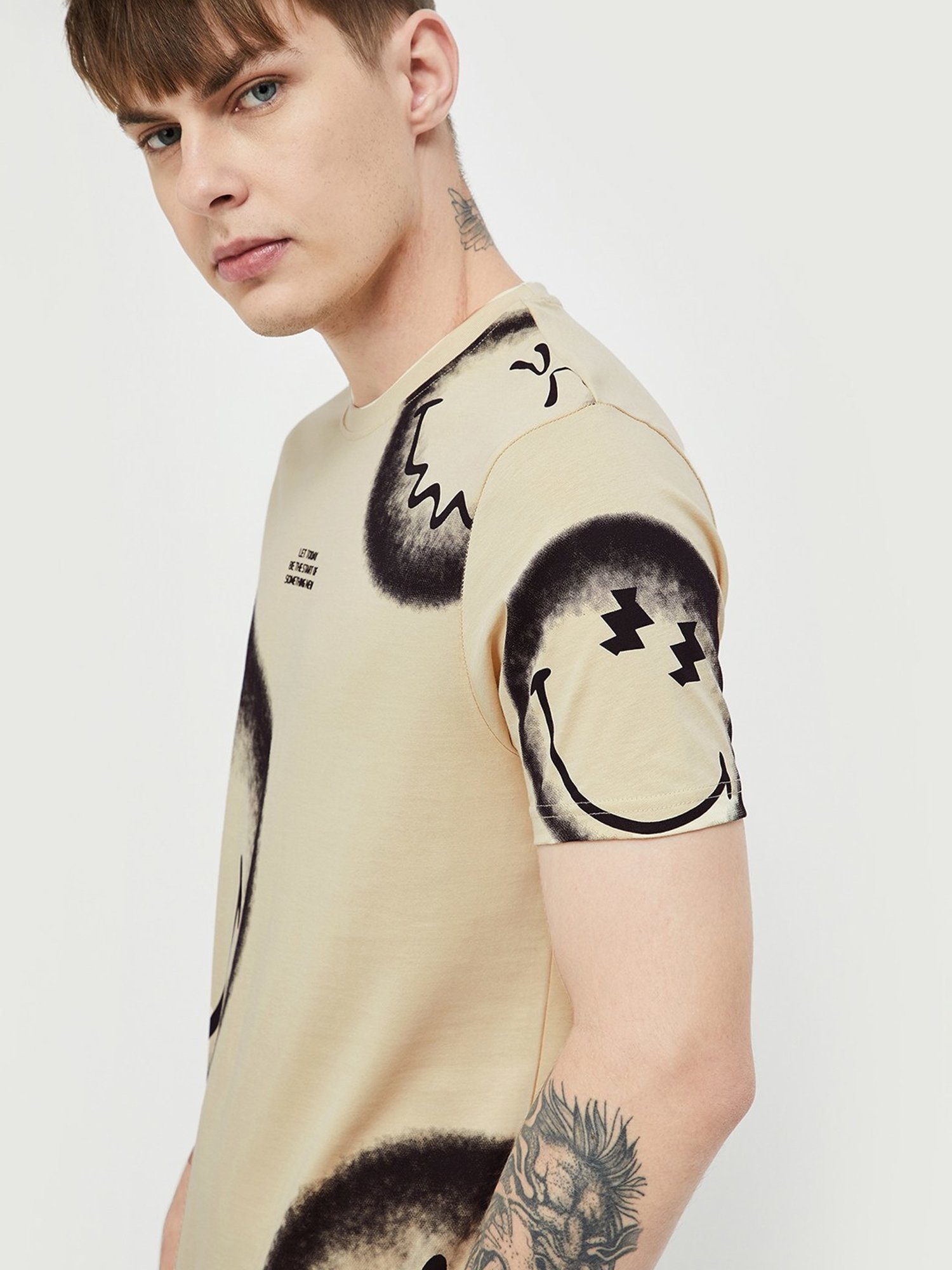 Smileyworld Beige Cotton Regular Fit Printed T-Shirt