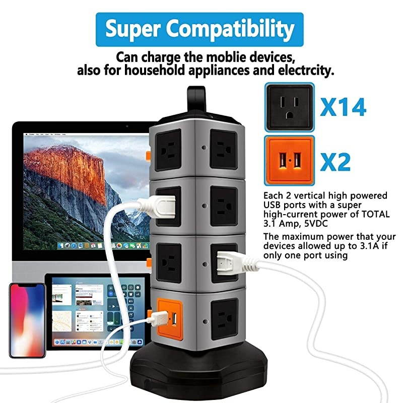 Power Strip Tower  Surge Protector Electric Charging Station 14 Outlet Plugs with 4 USB Slot 6 feet Cord Wire Extension Universal Charging Station 1PACK