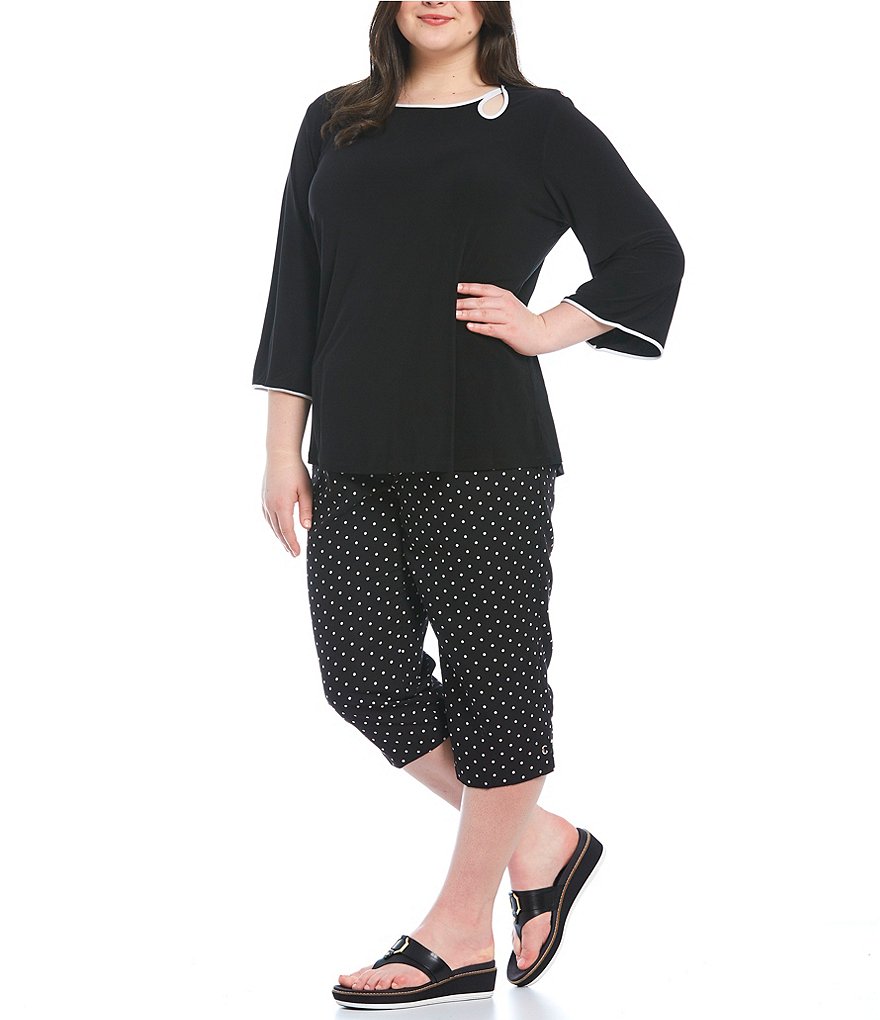 Allison Daley Plus Size Polka Dot Print Microfiber Twill Silver Ring Embellished Hem Detail Capri