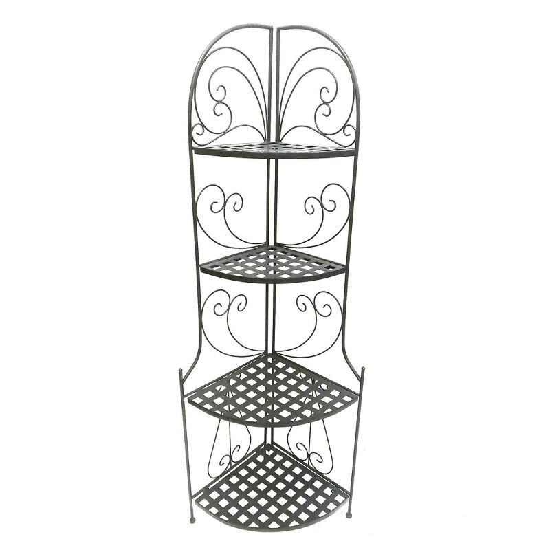 Foldable Metal Corner Bakers Rack with Grid Pattern Shelves Black - Benzara