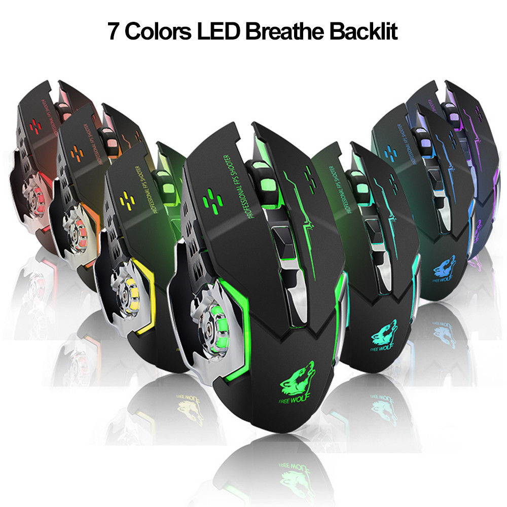 Wireless Mouse 2.4GHz X8 1800DPI Rechargeable Silent 6 Buttons 7 Colors LED Backlit Breath Usb Optical Gaming Mouse For Laptop Computer Notebook Desktop Game Office