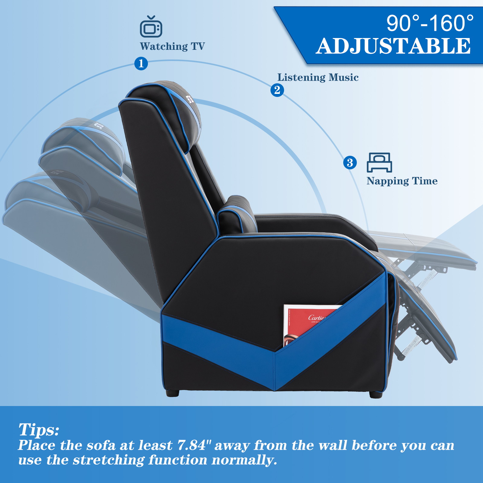 Gaming Recliner Chair Single Living Room Sofa Racing Style Ergonomic Lounge Sofa Modern PU Leather Recliner Home Theater Seat for Living & Gaming Room (Black/Red)