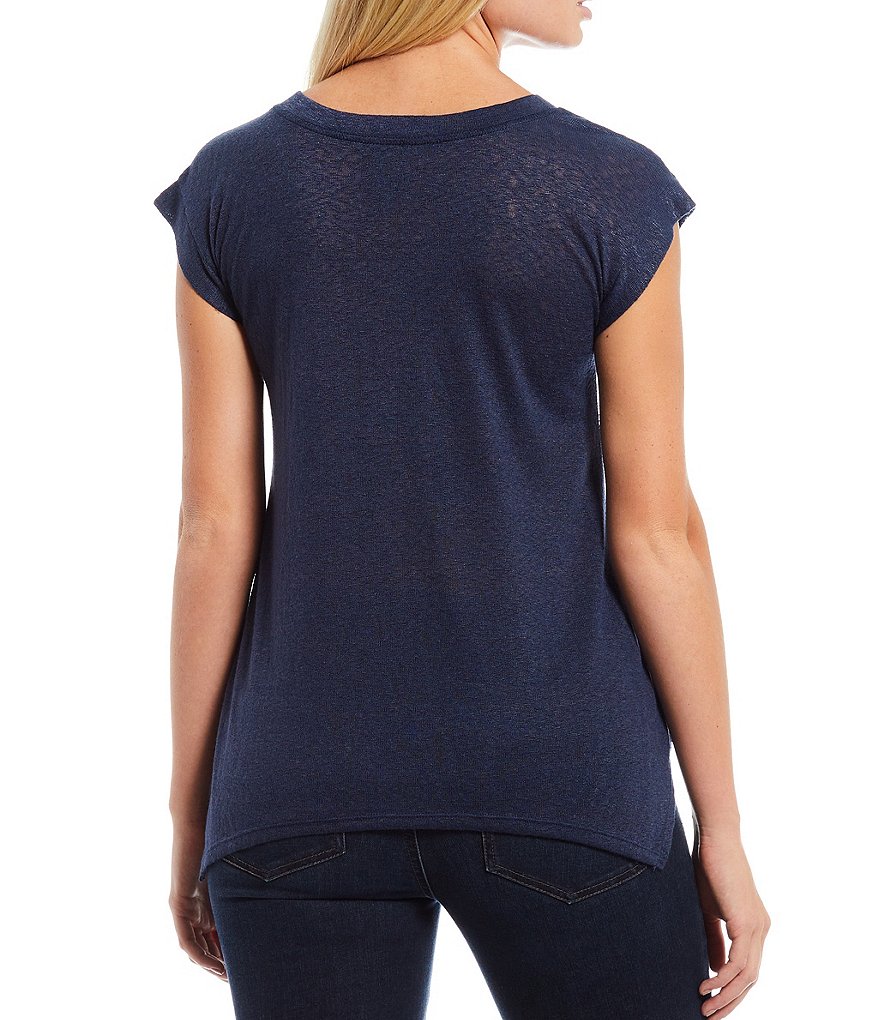 Bobeau Embroidered V-Neck Cap Sleeve Sharkbite Tee