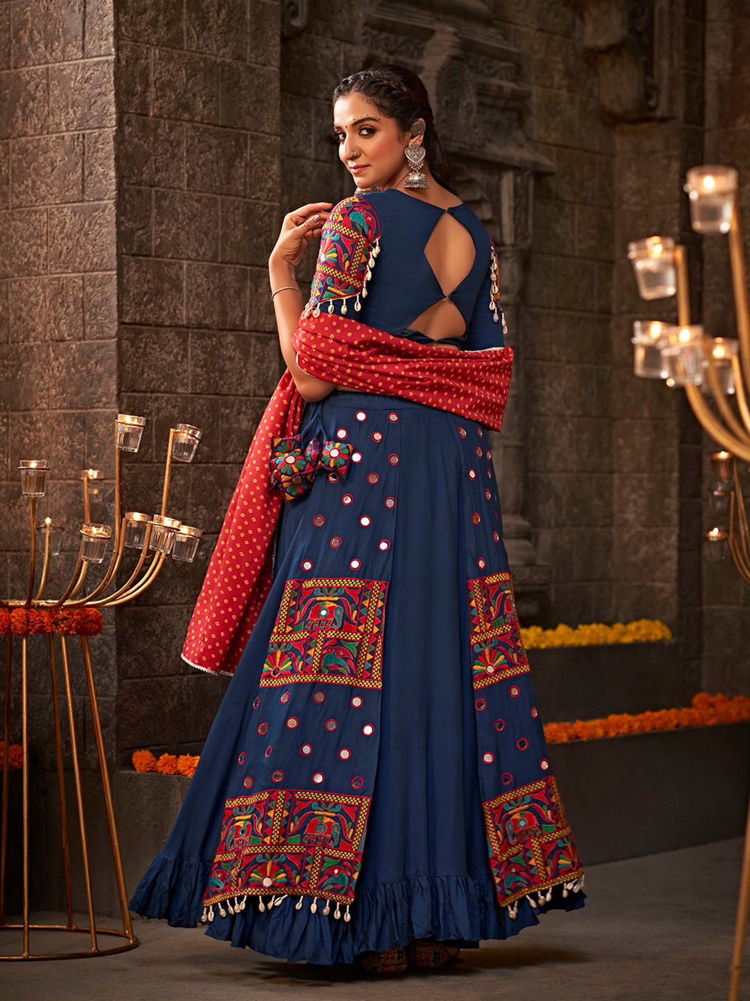 SHUBHKALA Dark Blue Embroidered Lehenga Choli Set With Dupatta