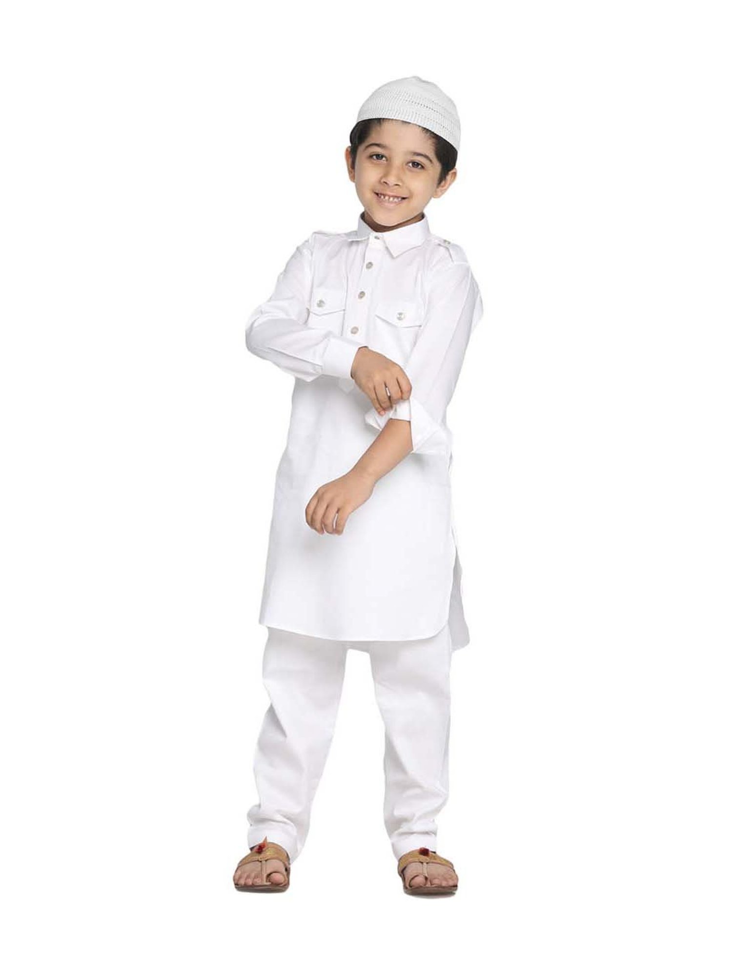 VASTRAMAY Kids White Cotton Pathani Kurta Set