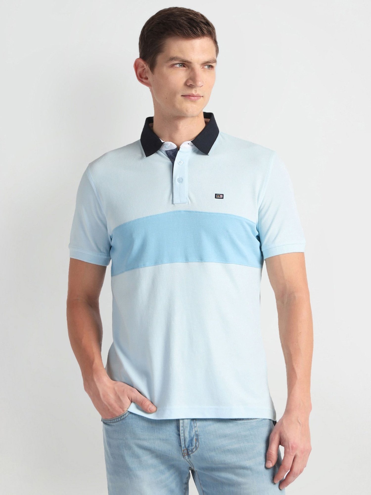 Arrow Sports Blue Cotton Regular Fit Self Pattern Polo T-Shirt