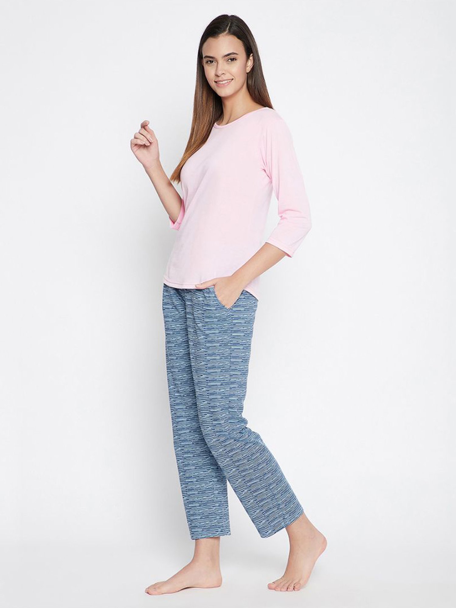 Clovia Pink & Blue Cotton Top With Pyjamas