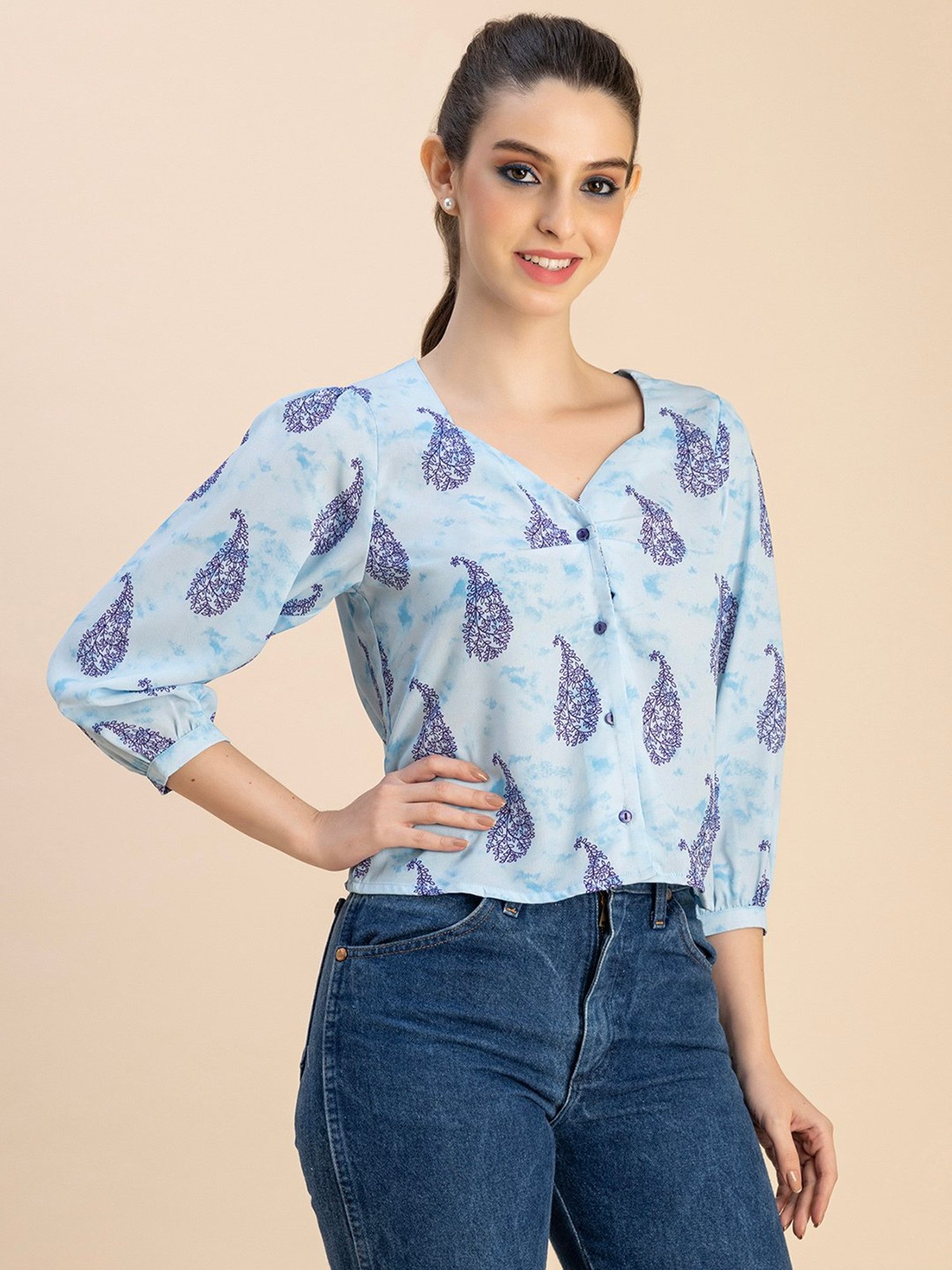Moomaya Light Blue Printed Crop Top