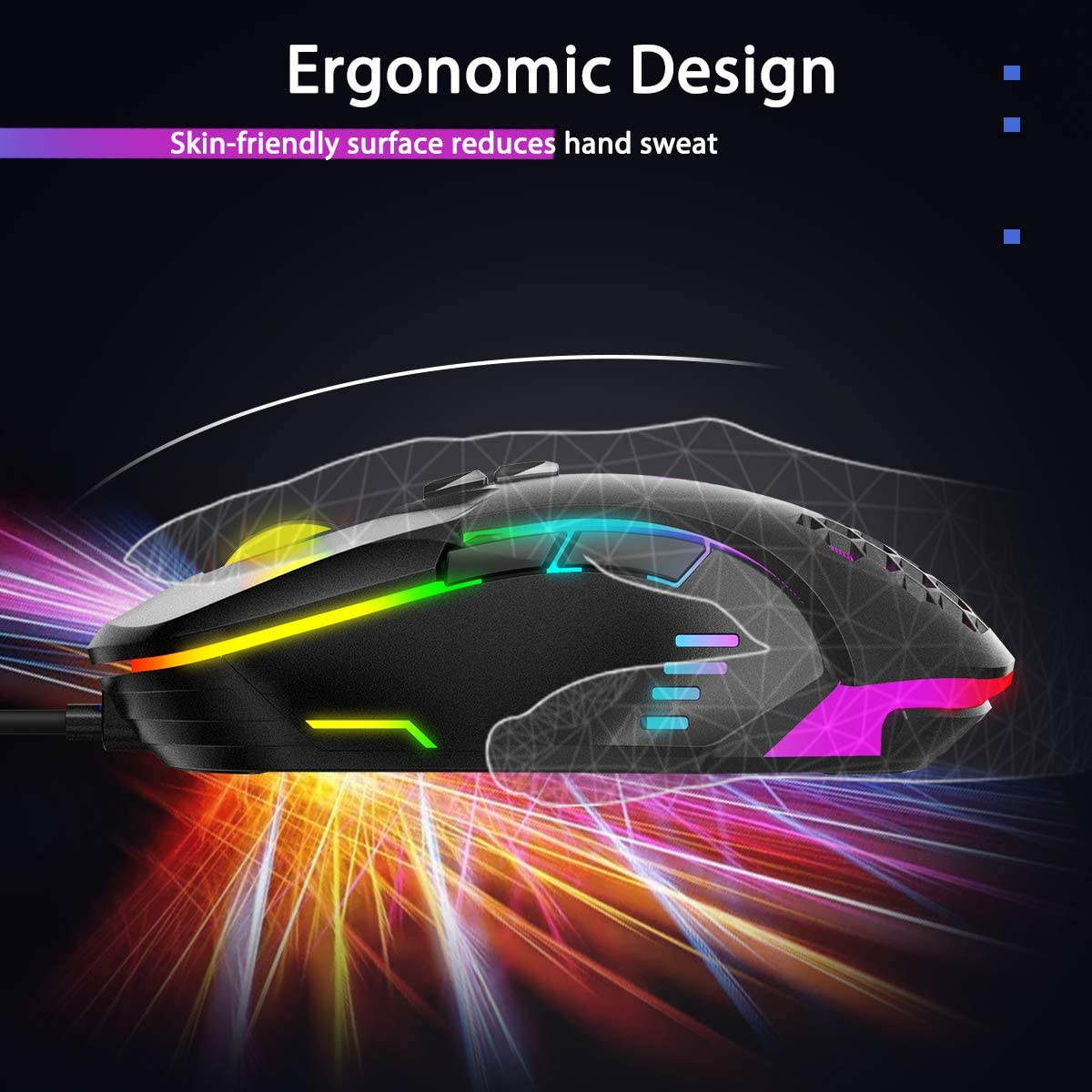 Gaming Mouse RGB Breathing LED Light 6400 DPI 7 Buttons Wired Mice for PC Laptop Computer Gamer - Black