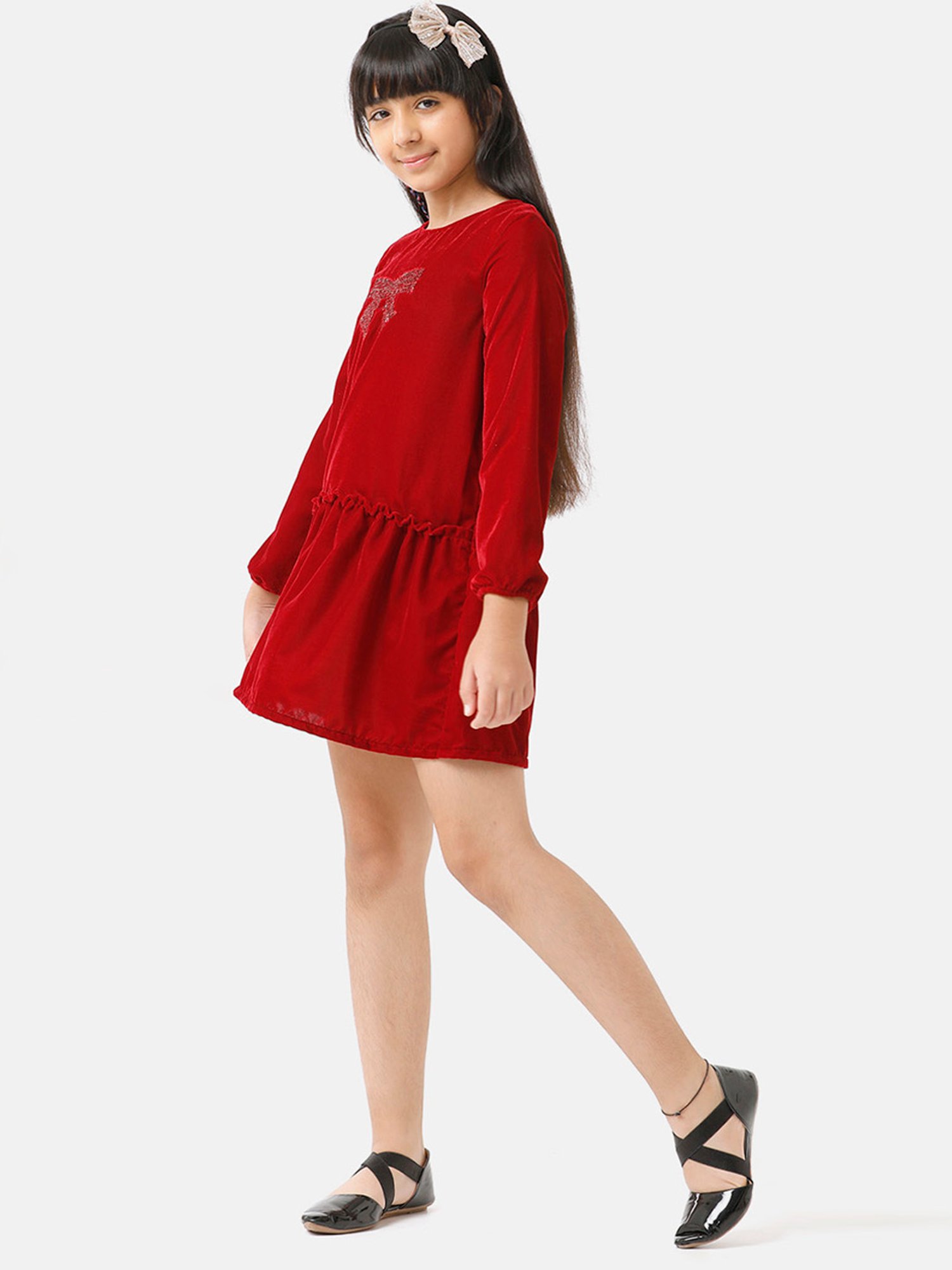 Under Fourteen Only Kids Maroon Embellished Full Sleeves Dress