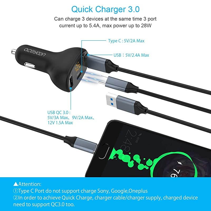 USB C Car Charger QC 30 PD Car Charger with Dual USB 12V24V Max 28W USBC Car Charger LED Display Adapter Compatible for XS XR Galaxy S10 S9 Note 8 Pixel 2 2 XL