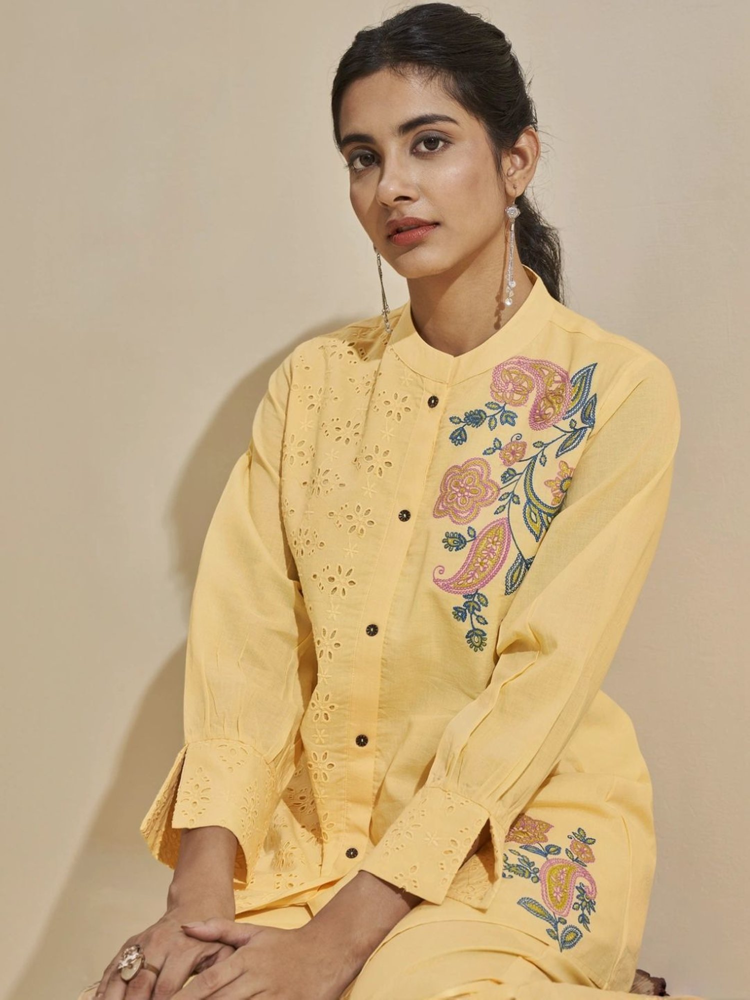 Autumnlane Yellow Cleo Lime Schiffli Cotton Shirt with Pant Co-ord Set