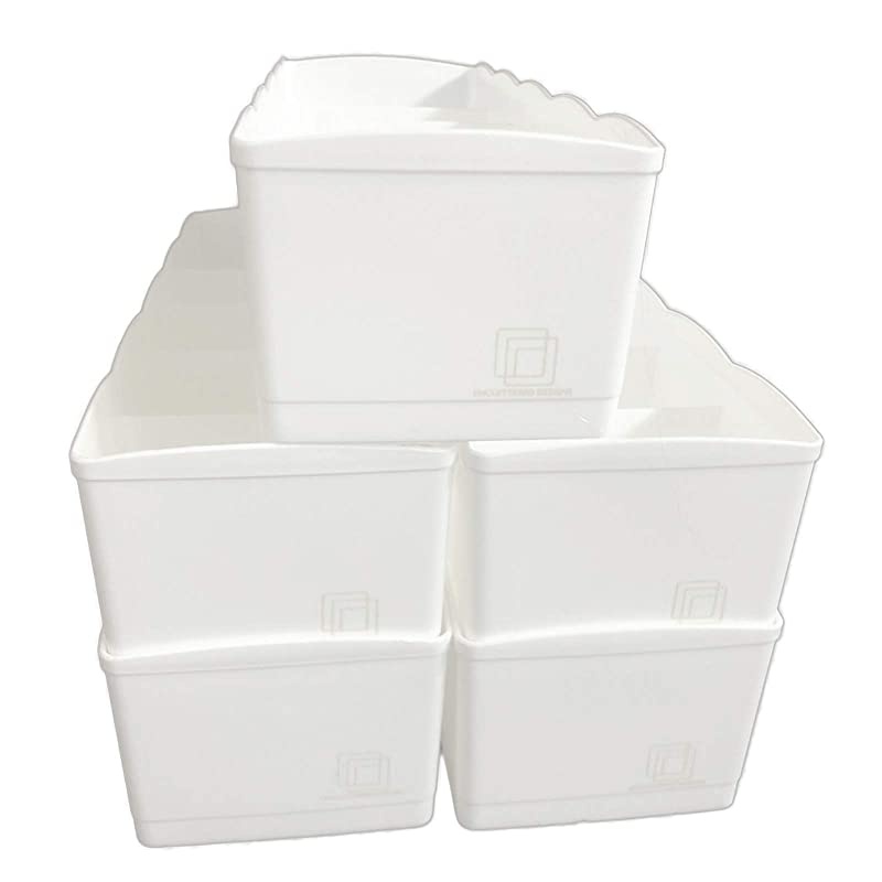 Dividers for Underwear, Office, Bathroom & Crafts in Sturdy Plastic - Washable & Sleek (FIVE pack, 5-Grid White)