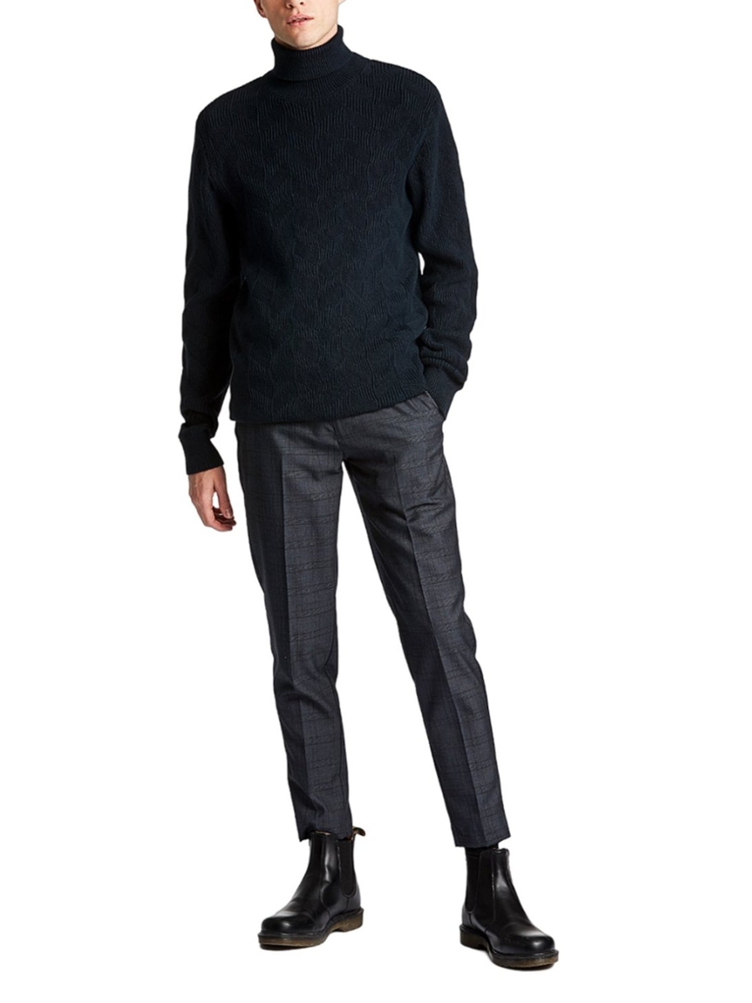 Lindbergh Navy Blue Cotton Regular Fit Self Pattern Sweaters