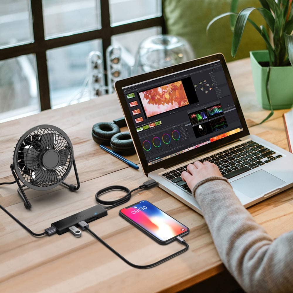 USB 3.0 Hub, QGeeM 5 in 1 USB Hub for Laptop 2.5Ft Extended Cable Hub 5-Port USB 3.0&SD&TF Card Reader Hub Compatible with MacBook Air, MacBook,iMac, Surface Pro, Ultra-Slim Data USB Hub