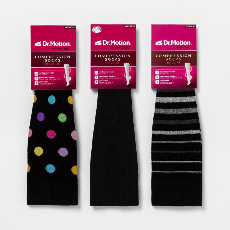 Dr. Motion Women's Mild Compression 3pk Knee High Socks - Black/Gray Stripes/Dots
