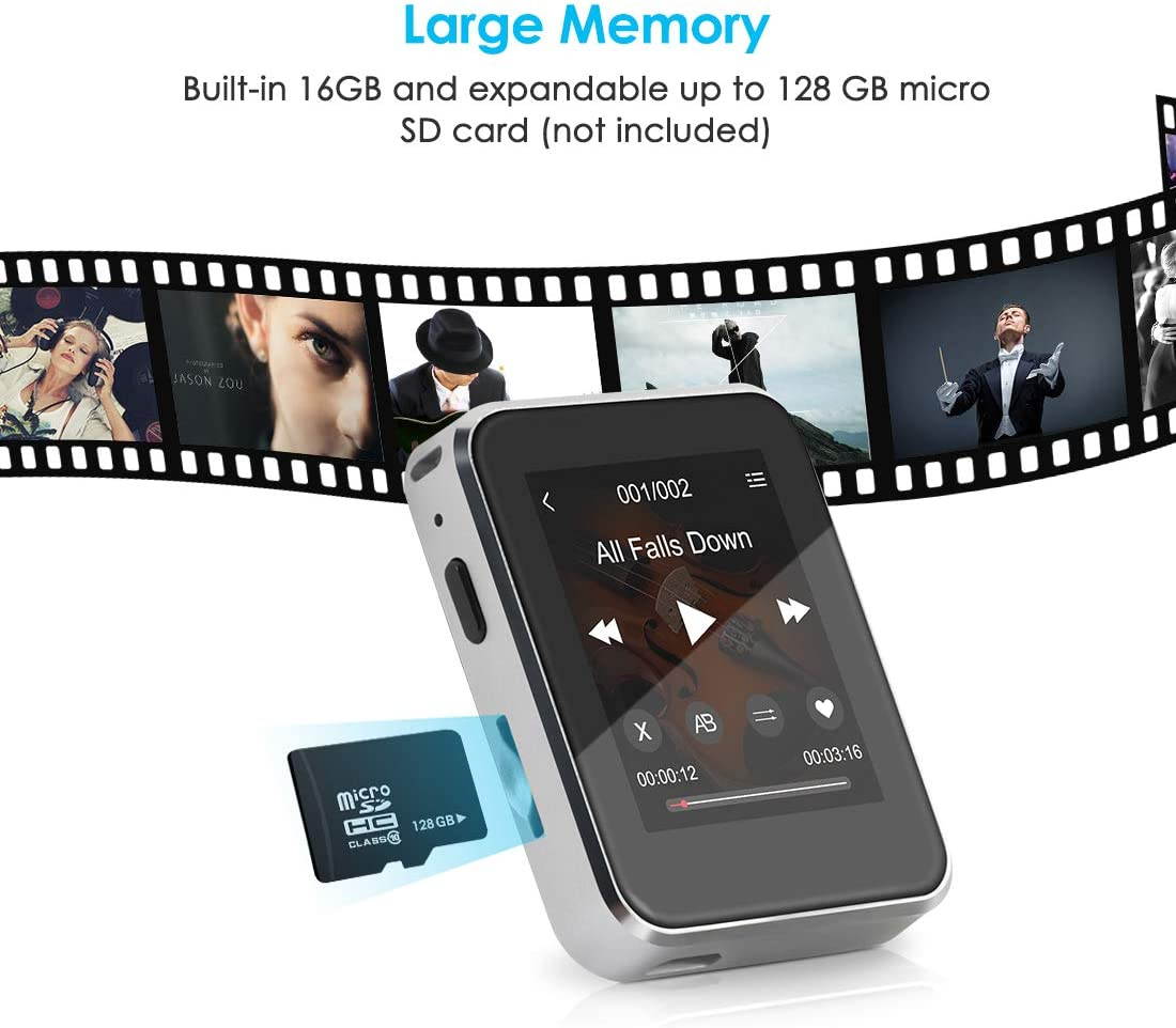 Kingbox Mp3 player with Bluetooth, music player with clip supports full touch screen, built-in speaker, HIFI lossless MP3 music player, FM radio, recorder (16GB, up to 128GB)