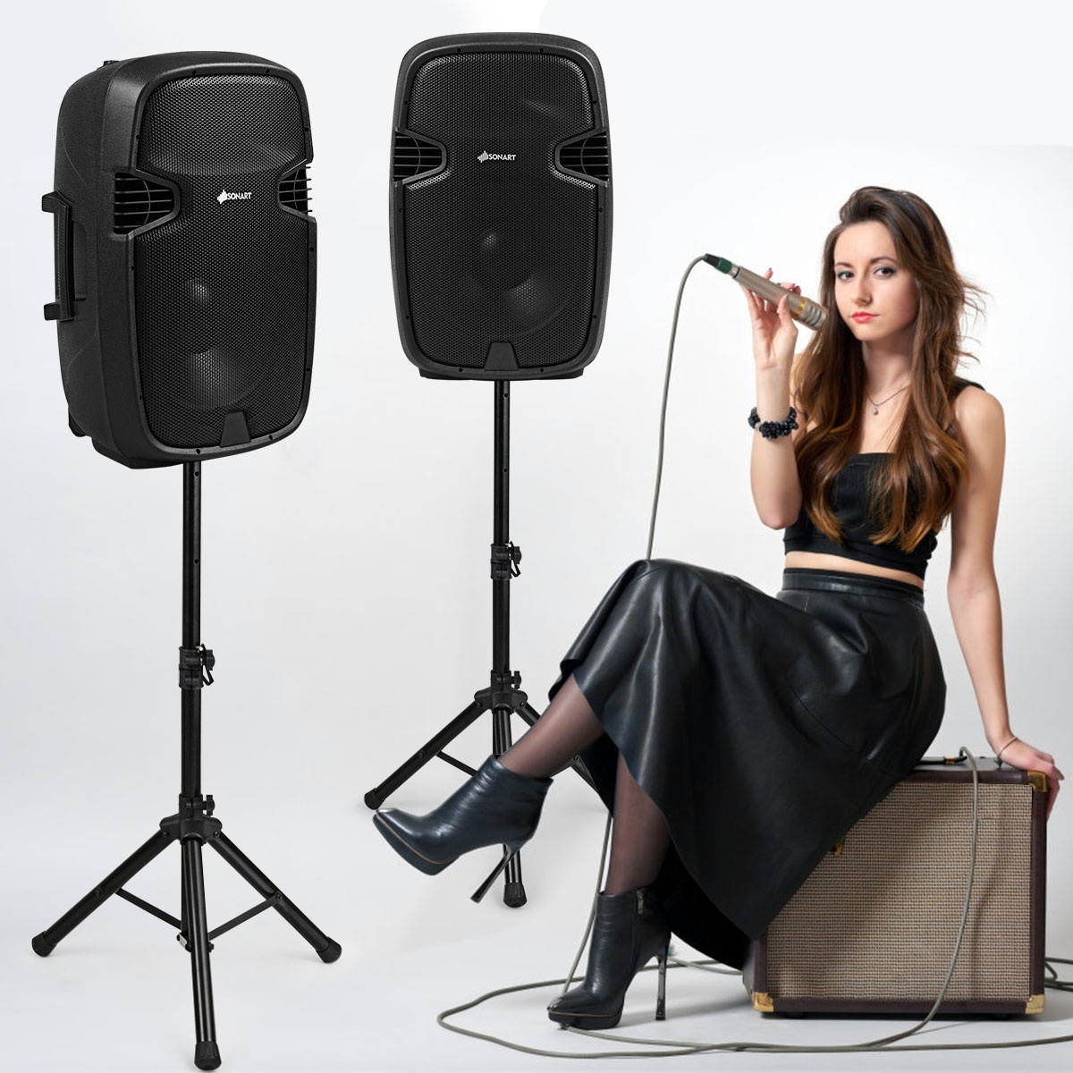 Portable Dual 15'' 2-way 2000 W Powered Speakers w/ Bluetooth Stands & Controller